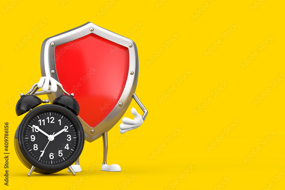 Aufkleber red metal protection shield character mascot with alarm clock. 3d rendering