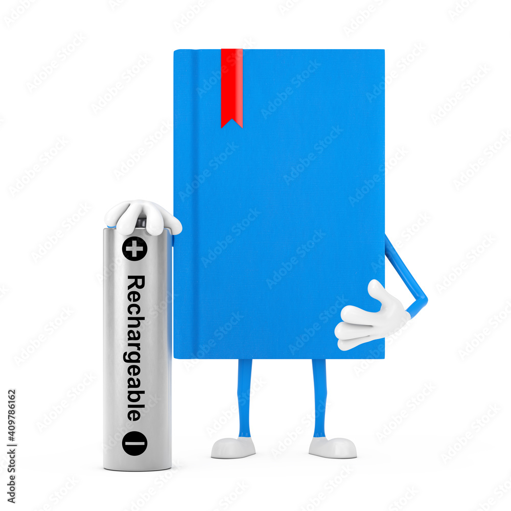 Poster blue book character mascot with rechargeable battery. 3d rendering