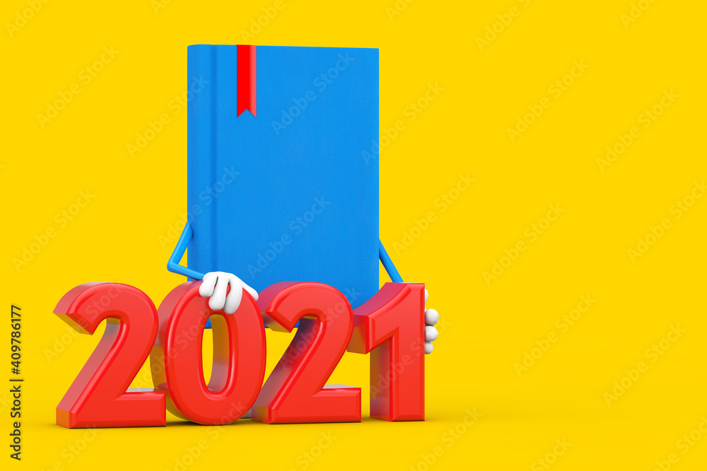 Poster blue book character mascot with 2021 new year sign. 3d rendering