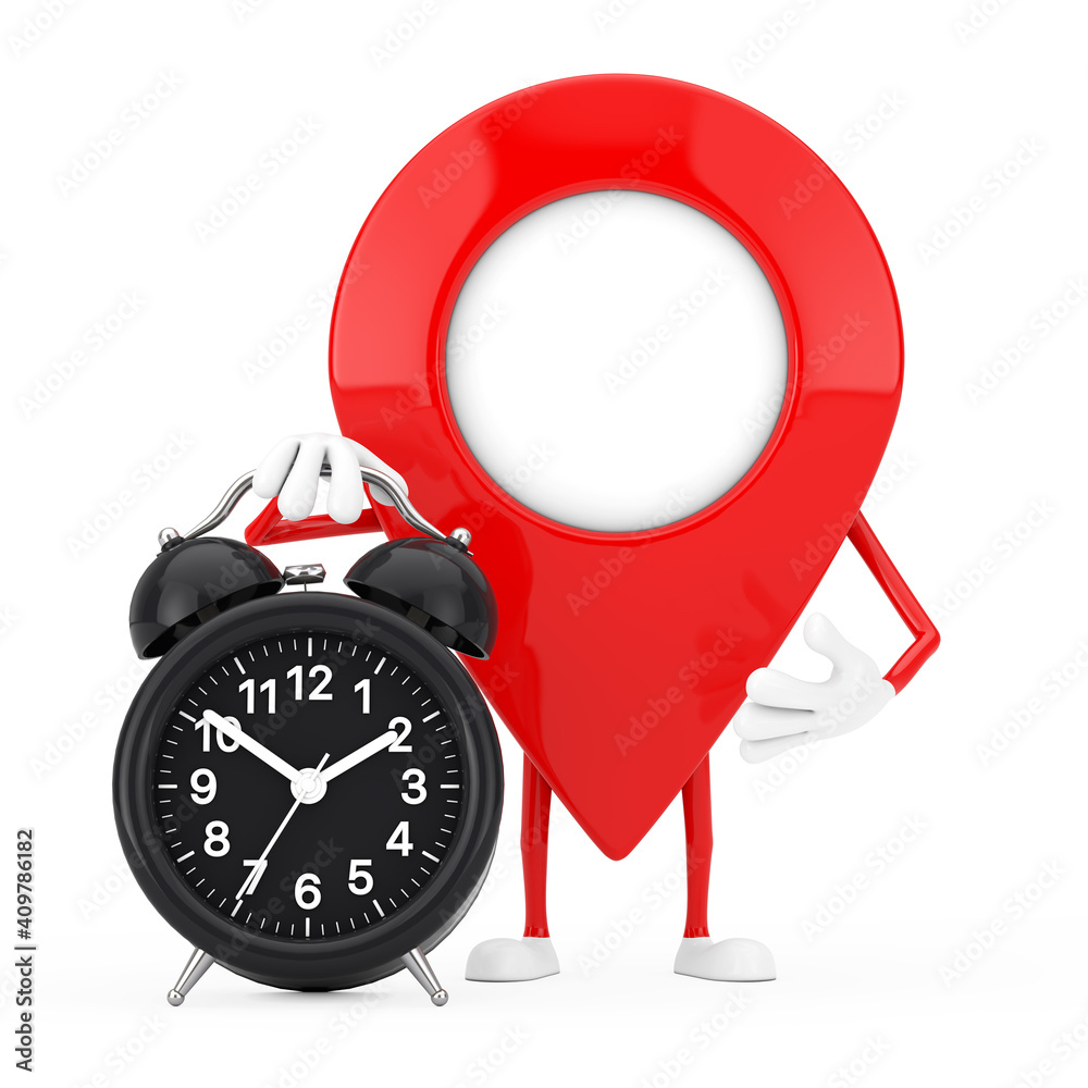 Poster map pointer pin character mascot with alarm clock. 3d rendering