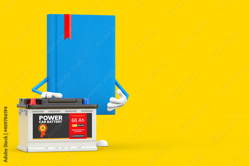 Poster blue book character mascot and rechargeable car battery 12v accumulator with abstract label. 3d rend