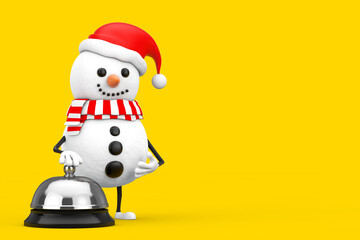 Snowman in Santa Claus Hat Character Mascot with Hotel Service Bell Call . 3d Rendering
