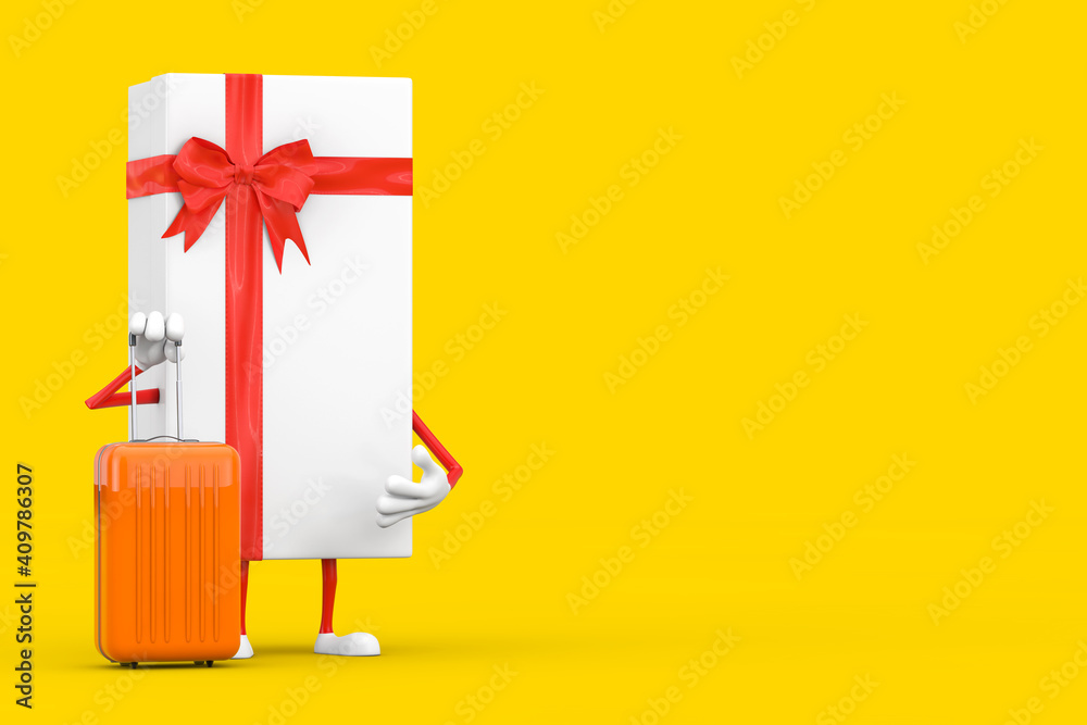 Poster white gift box and red ribbon character mascot with orange travel suitcase. 3d rendering