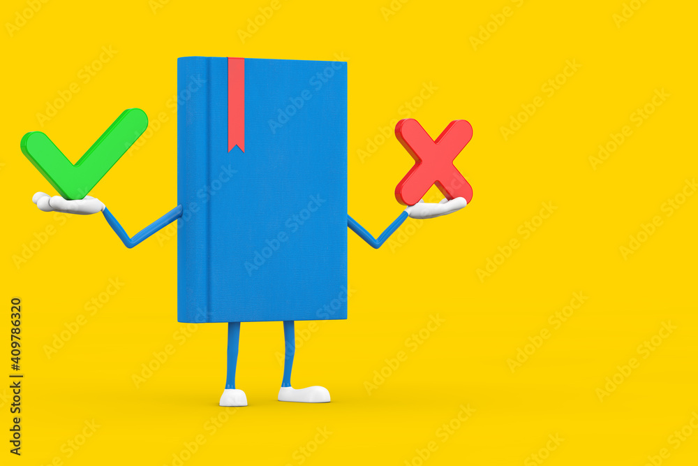 Aufkleber blue book character mascot with red cross and green check mark, confirm or deny, yes or no icon sign