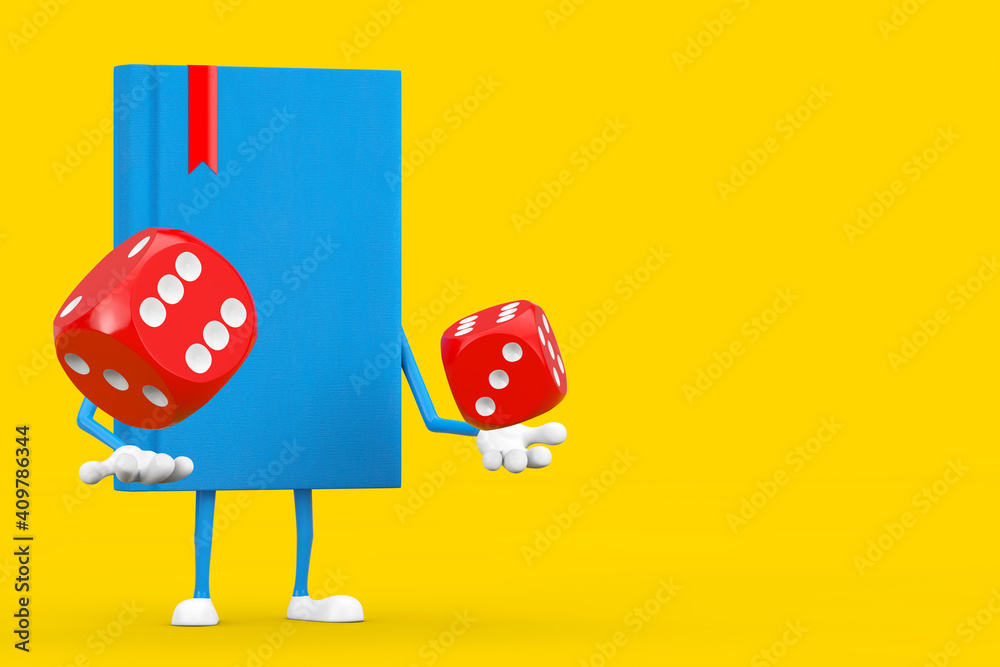 Leinwandbilder blue book character mascot with red game dice cubes in flight. 3d rendering