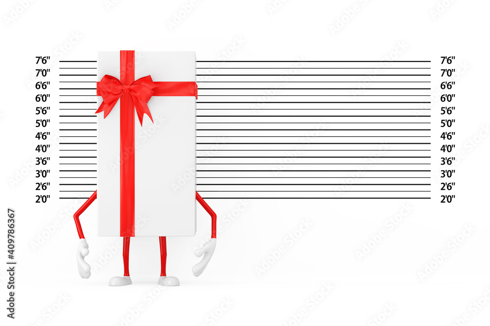 Poster white gift box and red ribbon character mascot in front of police lineup or mugshot background. 3d r