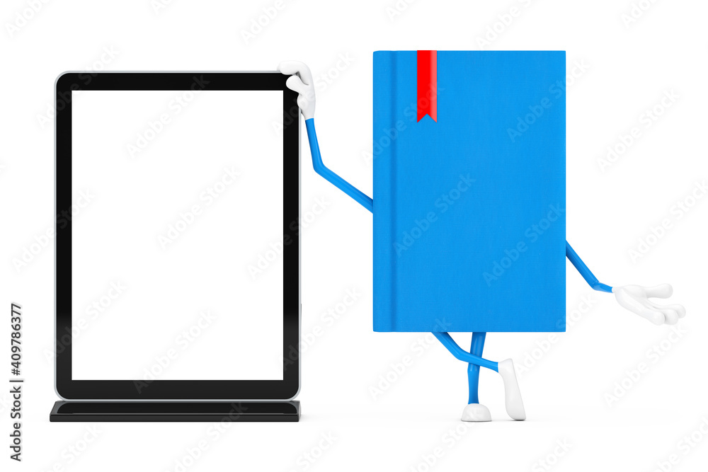 Aufkleber blue book character mascot with blank trade show lcd screen display stand as template for your desig