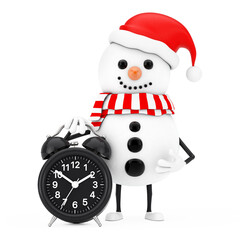 Snowman in Santa Claus Hat Character Mascot with Alarm Clock. 3d Rendering