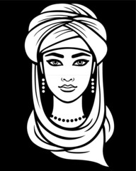 Animation portrait of the Arab woman in a turban. White drawing isolated on a black background. Vector illustration.