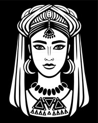 Animation portrait of the Arab woman in a turban. White drawing isolated on a black background. Vector illustration.