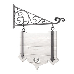 Blank Wooden Hanging Sign with Free space for Your Design and Floral Forging Elements. 3d Rendering