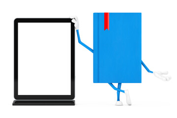 Blue Book Character Mascot with Blank Trade Show LCD Screen Display Stand as Template for Your Design. 3d Rendering