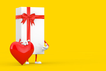 White Gift Box and Red Ribbon Character Mascot with Red Heart. 3d Rendering