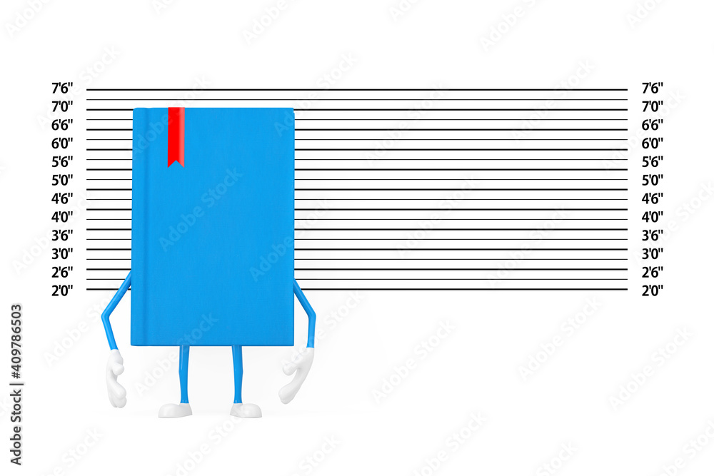 Poster blue book character mascot in front of police lineup or mugshot background. 3d rendering