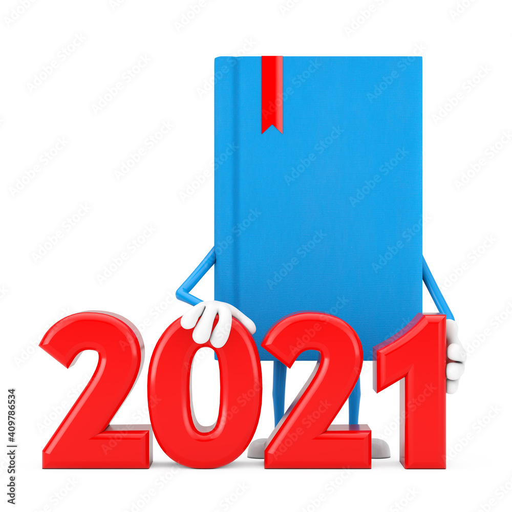 Poster blue book character mascot with 2021 new year sign. 3d rendering