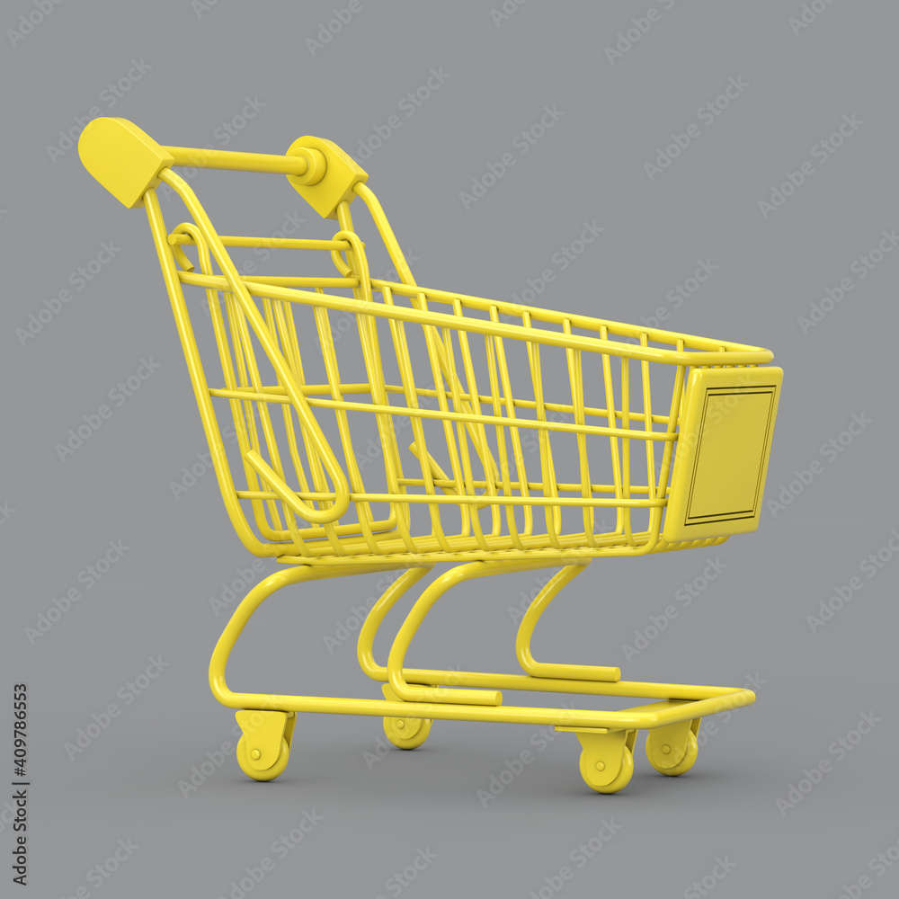 Poster illuminating yellow shopping cart trolley on a ultimate gray. 3d rendering