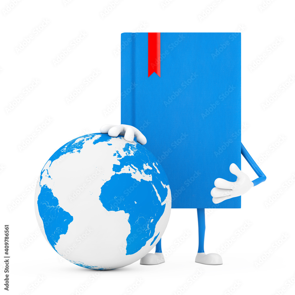 Aufkleber blue book character mascot with earth globe. 3d rendering