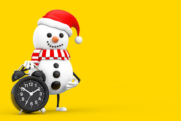 Snowman in Santa Claus Hat Character Mascot with Alarm Clock. 3d Rendering