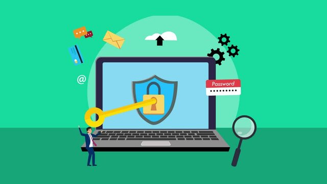 Businessman open the padlock with a key on laptop