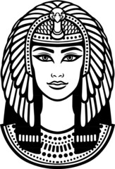 Animation portrait of the beautiful Egyptian woman. Black the white vector illustration isolated on a white background. Print, poster, t-shirt, tattoo.