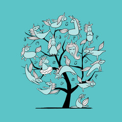 Art Tree with Funny Unicorns doing yoga. Sketch for your design