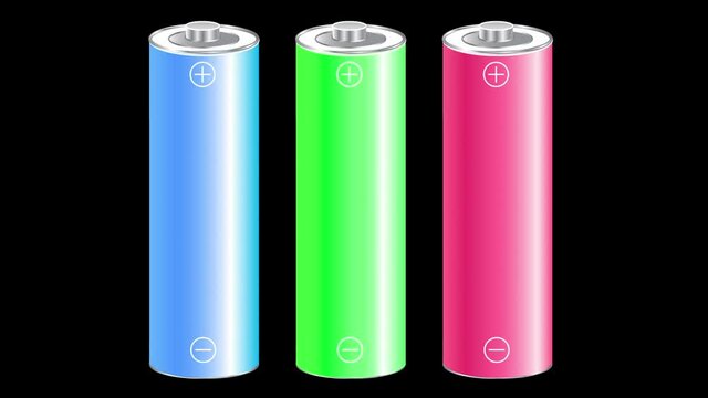 Animation. multi-colored charging of three batteries on a black background.