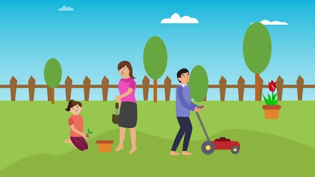 Young parents gardening with daughter at backyard