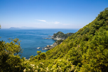 Obraz premium 水尻展望台から見た佐田岬灯台（愛媛県伊方町）