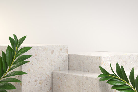Modern Mockup Empty Podium Set With Tropical Plant Abstract Background 3d Render