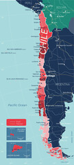 Chile country detailed editable map with regions cities and towns, roads and railways, geographic sites. Vector EPS-10 file