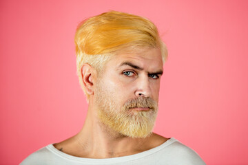 Barbershop, dyed hair. Man beard care and hair care. Portrait of serious bearded man. Blonde beard.