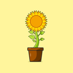 Sunflower in a flowerpot. icon flat, cartoon style. Isolated on cream background. Vector illustration, clip-art