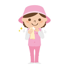 ゴルフ場で働く女性キャディのイラスト。ゴルフボールの汚れをタオルで清潔にしてる女性。
