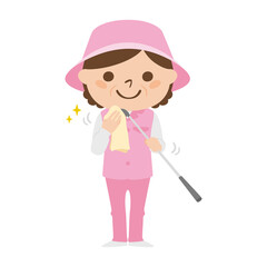 ゴルフ場で働く女性キャディのイラスト。ゴルフクラブの汚れをタオルで清潔にしてる女性。