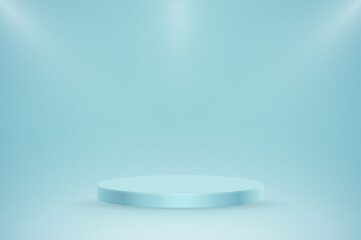 Round blue stage podium illuminated with light. Vector for product presentation.