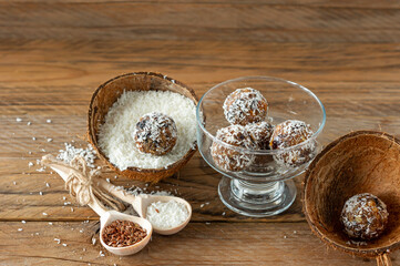 Energy balls, sweets proper nutrition homemade. Made from dates, apricots, almonds and coconut with honey.