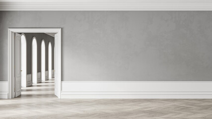 Classic gray and white empty interior with moldings, open door and wooden floor. 3d render illustration mock up.
