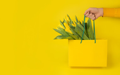 Yellow tulips. A man's hand holds a bouquet in a gift bag on a yellow background. Postcard for March 8, Mother's Day, birthday. Flower delivery. Flower Shop. Space for text