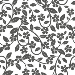 Seamless pattern of leaves and flowers black on white background. Vector illustration