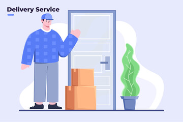 Flat illustration of Courier Finishes Deliver Parcel to Customer or buyer home, Parcel package success delivered, Courier knocking the customer's home door, Buyer Received Parcel Package