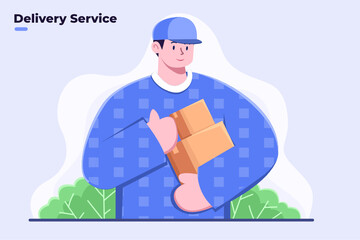 Flat illustration Courier bringing parcel package to deliver to customers, Happy courier delivering package to customer, Reliable and fast courier, Express Shipping, Postman Courier worker, Expedition