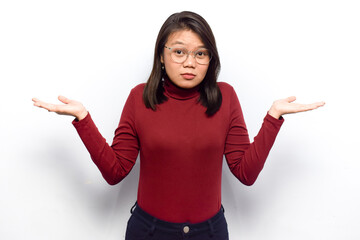 Confused gesture of Young beautiful asian women dress red shirt isolated on white background