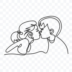 Continuous line drawing of love man and woman kissing on transparent background.