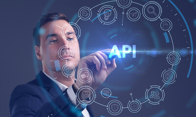 Business, Technology, Internet and network concept. Young businessman working on a virtual screen of the future and sees the inscription: API