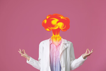 Meditating young woman with atomic bomb explosion instead of head on color background