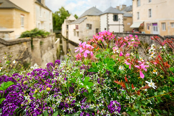 The picturesque Normandy village of Bayeux, France blurred behind colorful flowers over the Aure River.