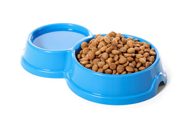 Pet food and water in bowl on white background