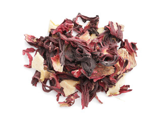 Dry hibiscus tea with fruits on white background