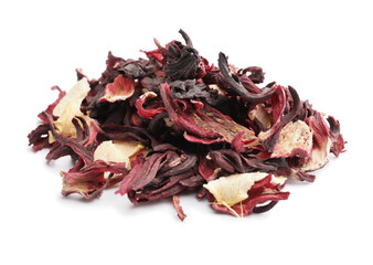 Dry hibiscus tea with fruits on white background