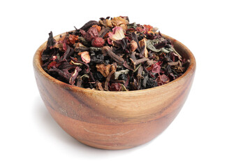 Bowl with dry fruit tea on white background